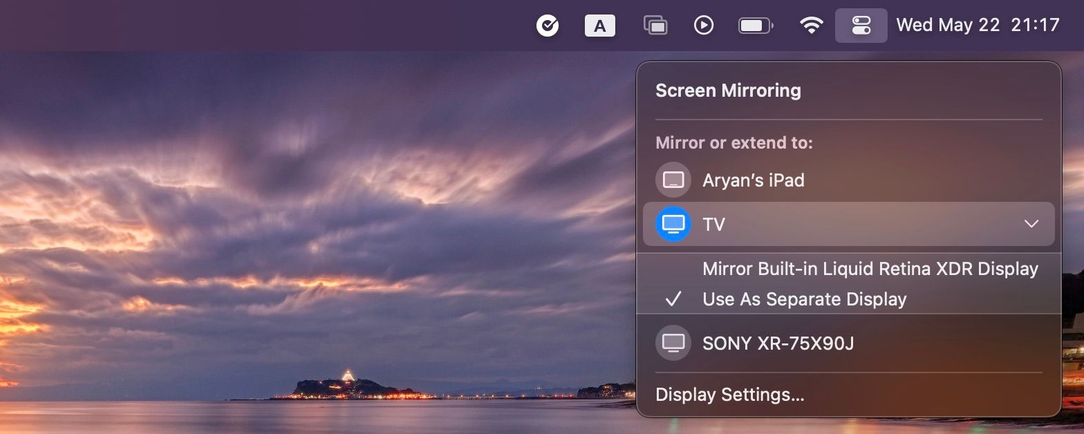 برای آینه سازی صفحه در پاپ آپ روی گیرنده Target AirPlay کلیک کنید
