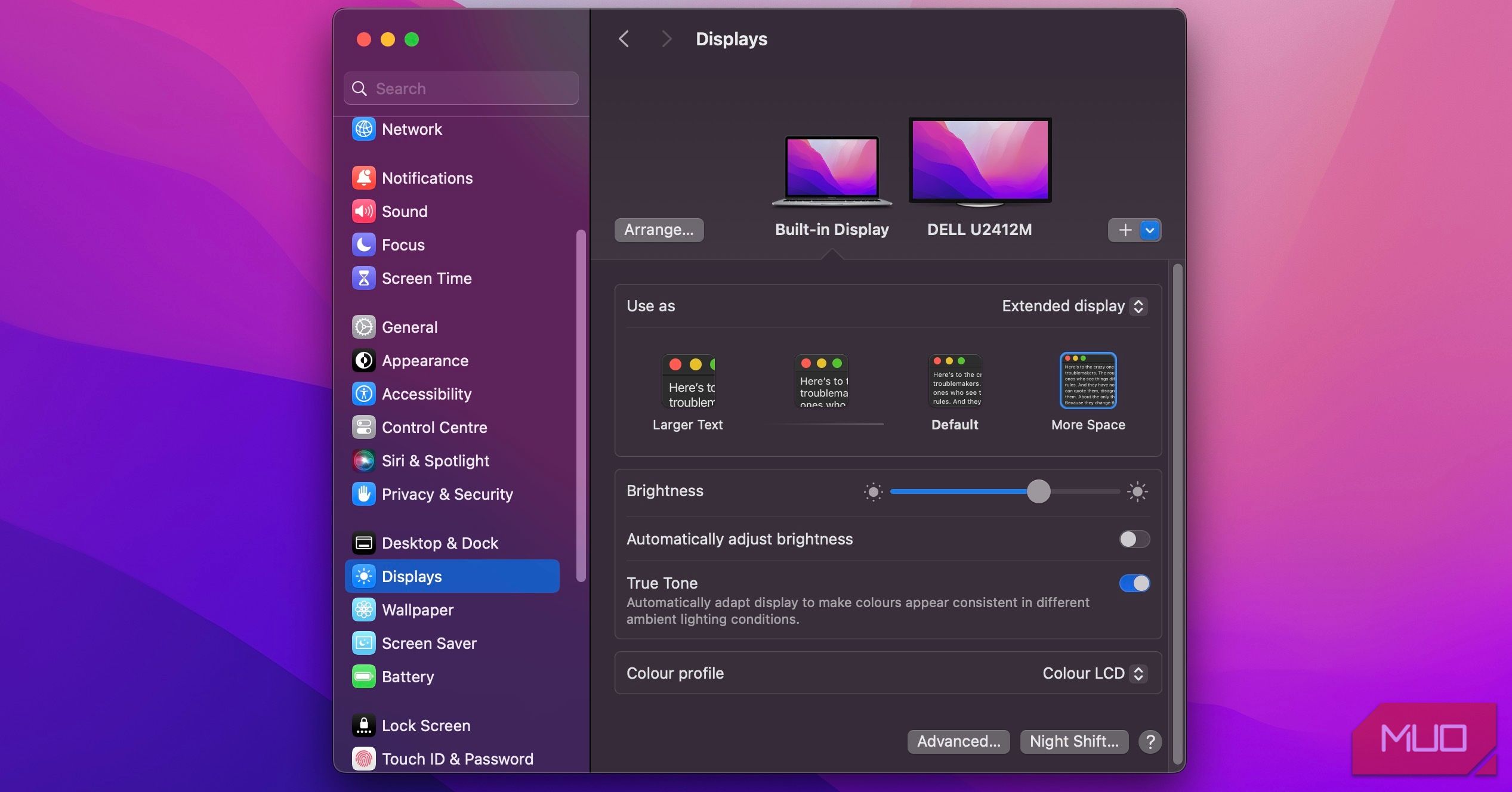 تنظیمات نمایشگر MacOS Sonoma