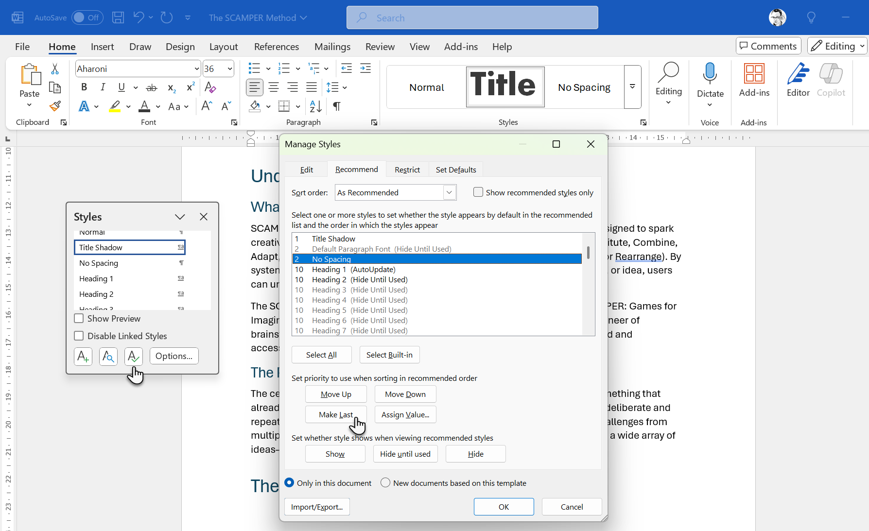 Microsoft Word Reorder Styles