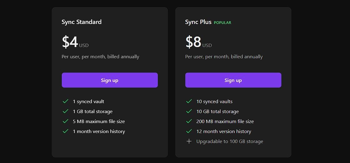 برنامه های قیمت گذاری همگام سازی Obsidian