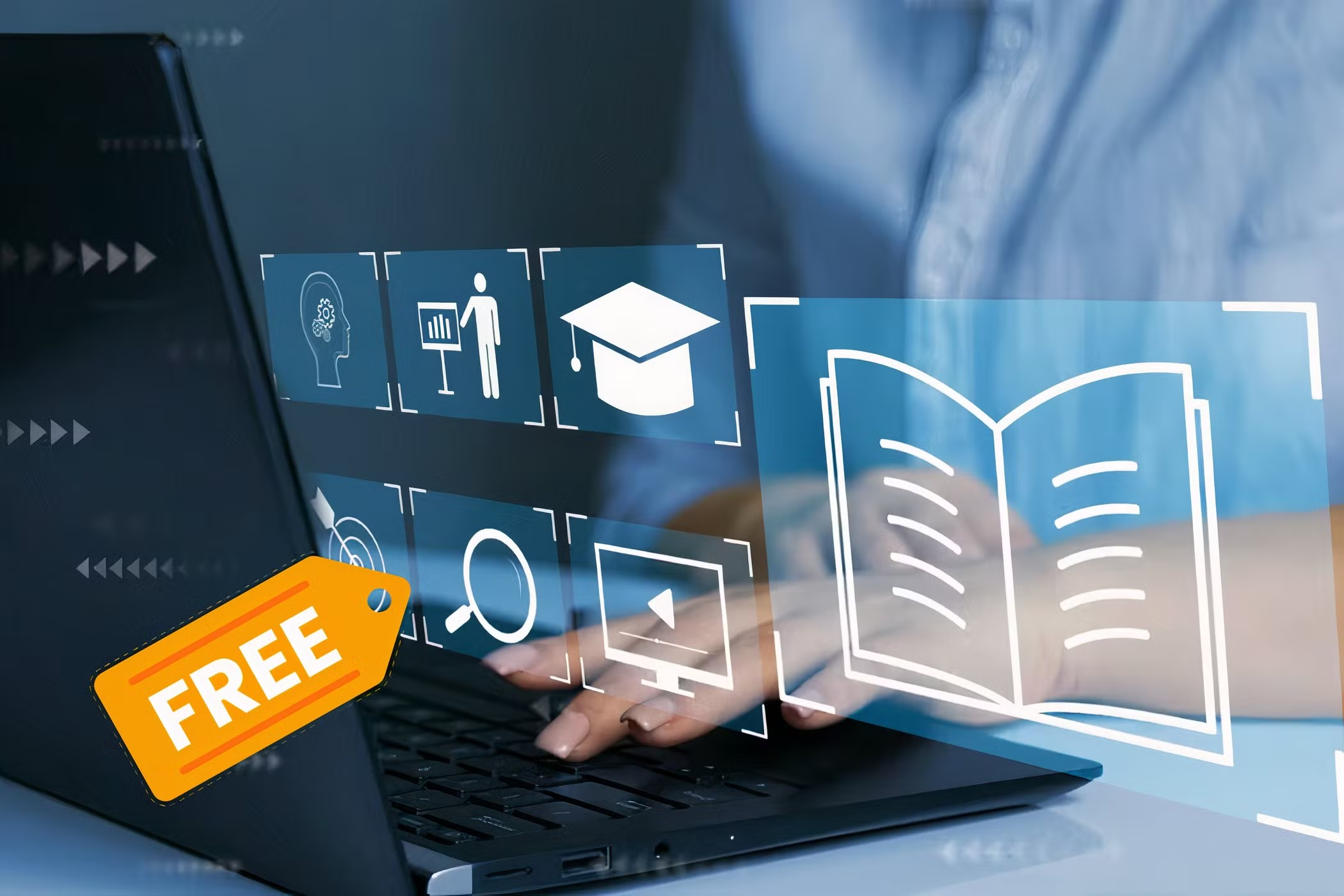 تایپ کردن شخص در لپ تاپ با نمادهای آموزش دیجیتال و برچسب رایگان.