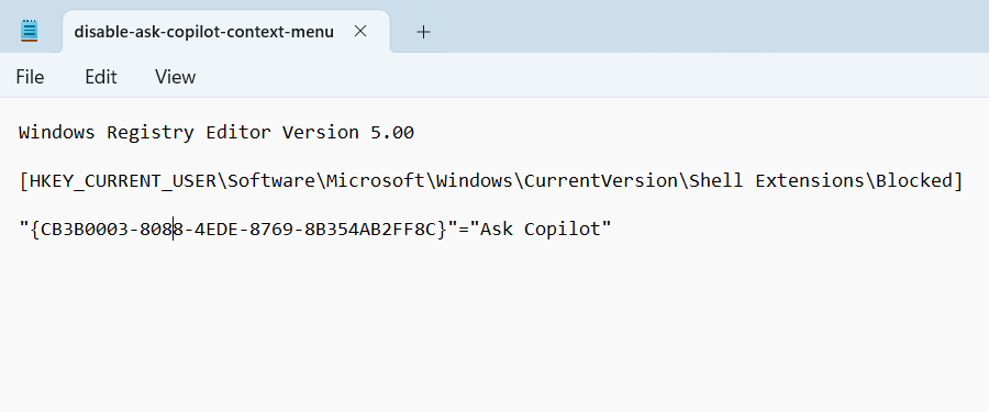 ایجاد یک فایل رجیستری در دفترچه یادداشت برای غیرفعال کردن گزینه "Ask Copilot" در منوی Windows Context.
