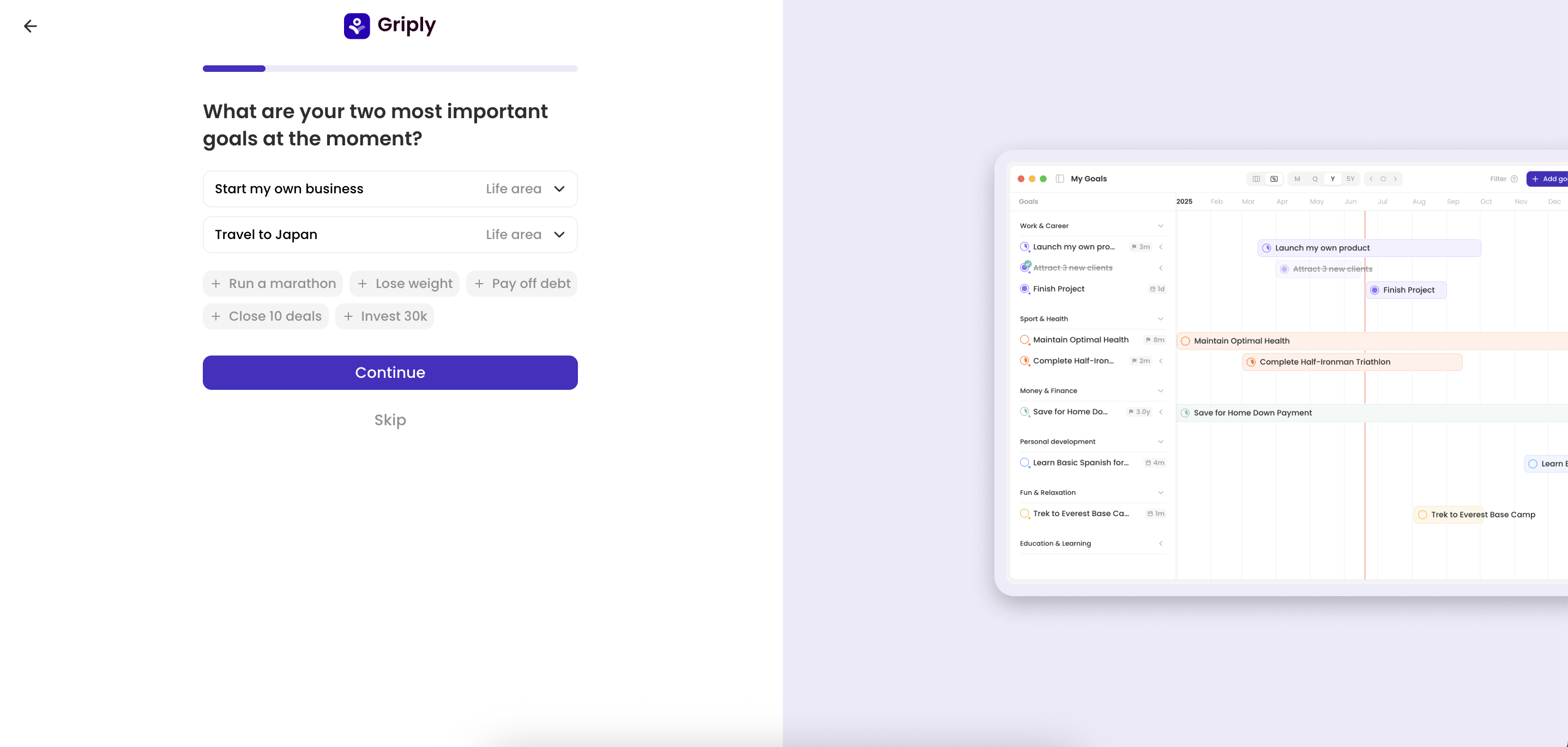 تعیین اهداف در برنامه Griply