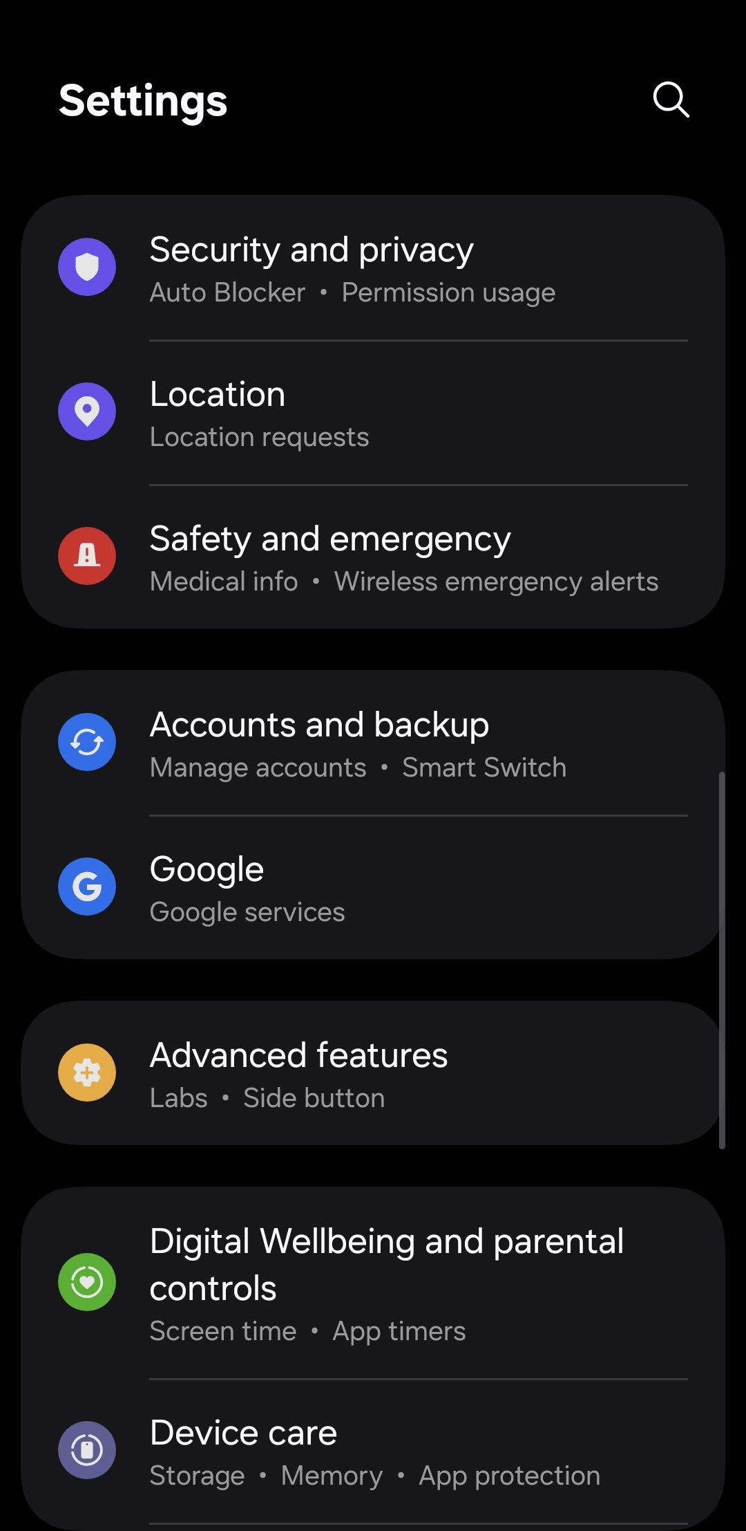 برنامه تنظیمات در تلفن Android