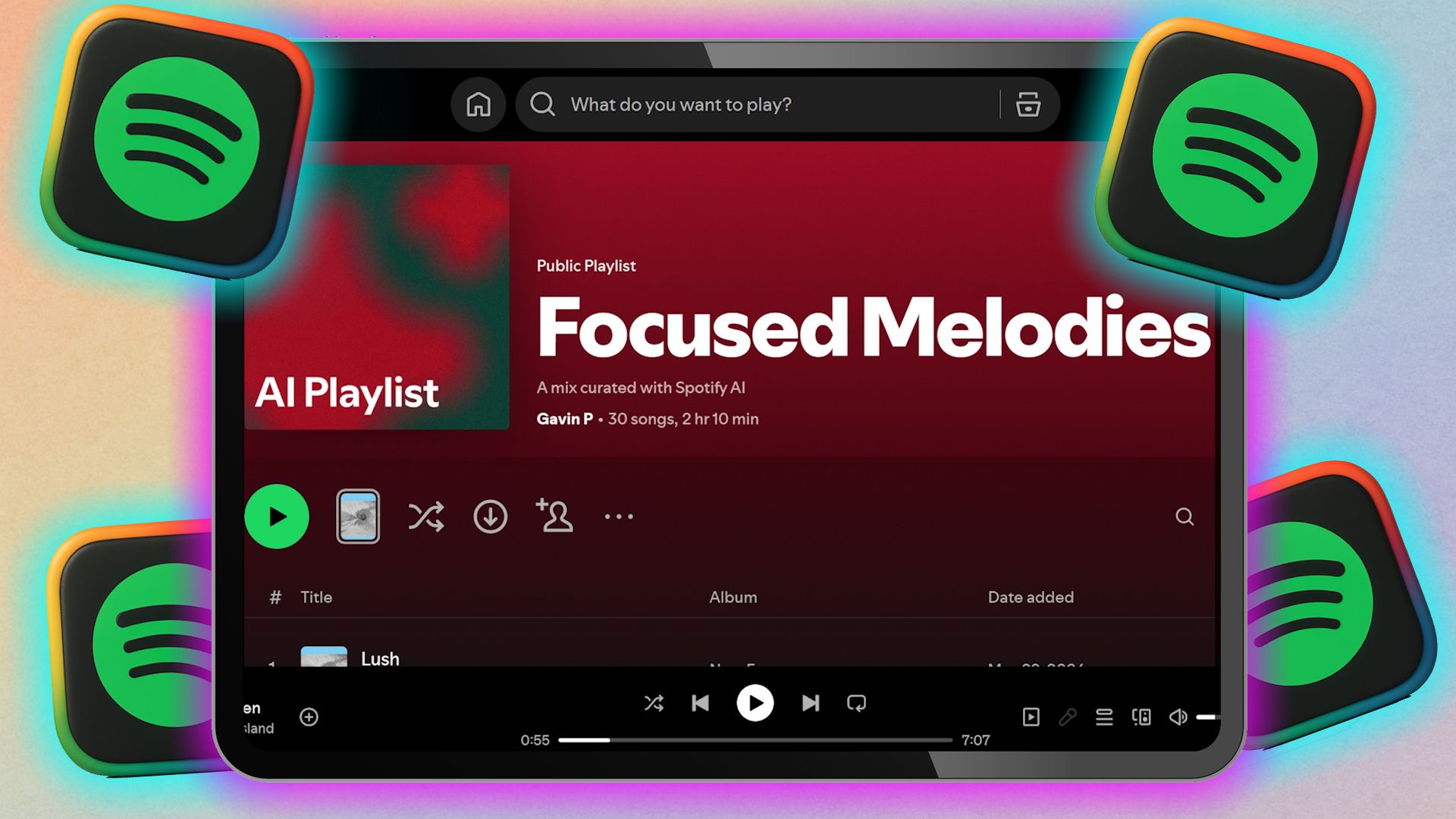 لیست پخش AI Spotify در صفحه تبلت با آرم های Spotify.
