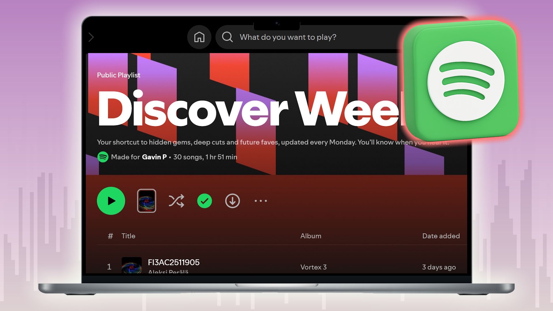لیست پخش هفتگی Spotify در لپ تاپ با آرم Spotify.