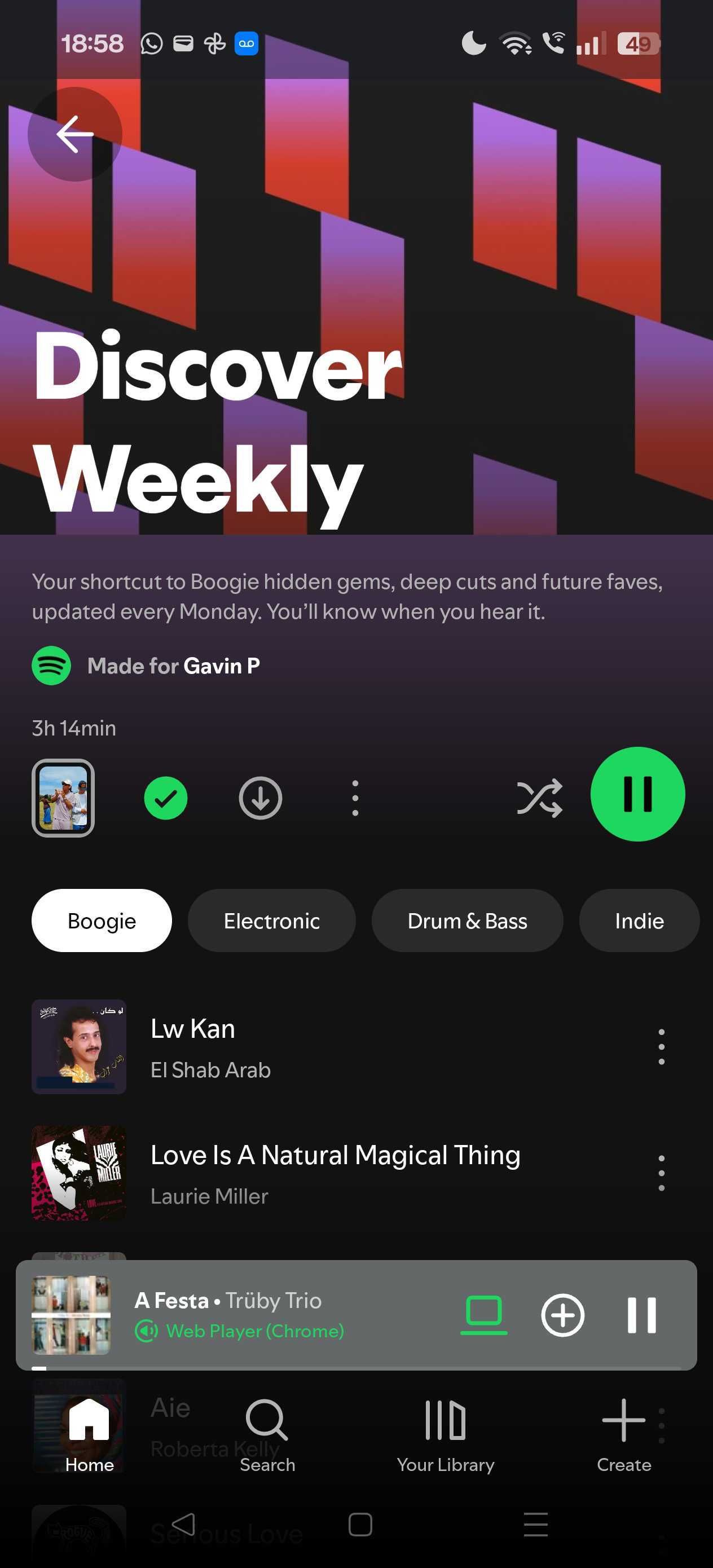 Spotify Discover Weekly Playlist on SmartPhone با ضامن ژانر بوگی