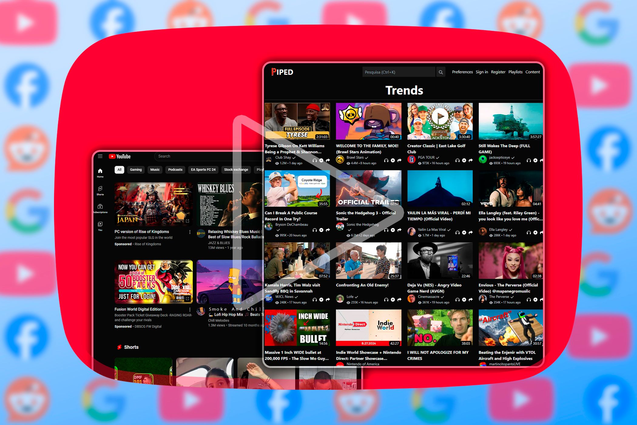 صفحه استاندارد YouTube در سمت چپ و یک رابط جایگزین در سمت راست ، با آرم های مختلف سیستم عامل های دیگر در پس زمینه.