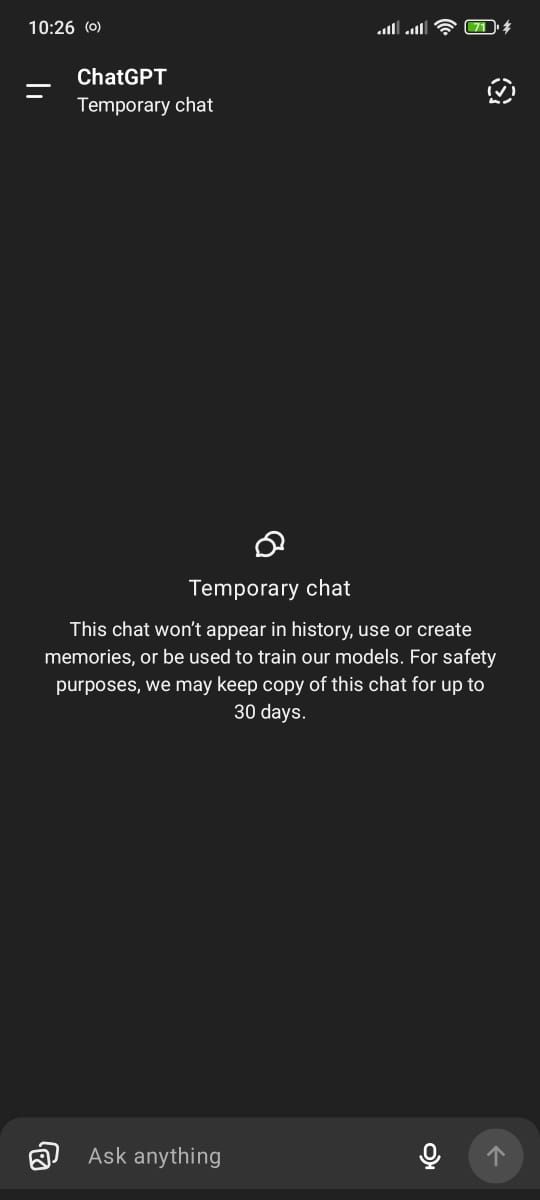چت موقت در برنامه تلفن همراه Chatgpt باز شد.