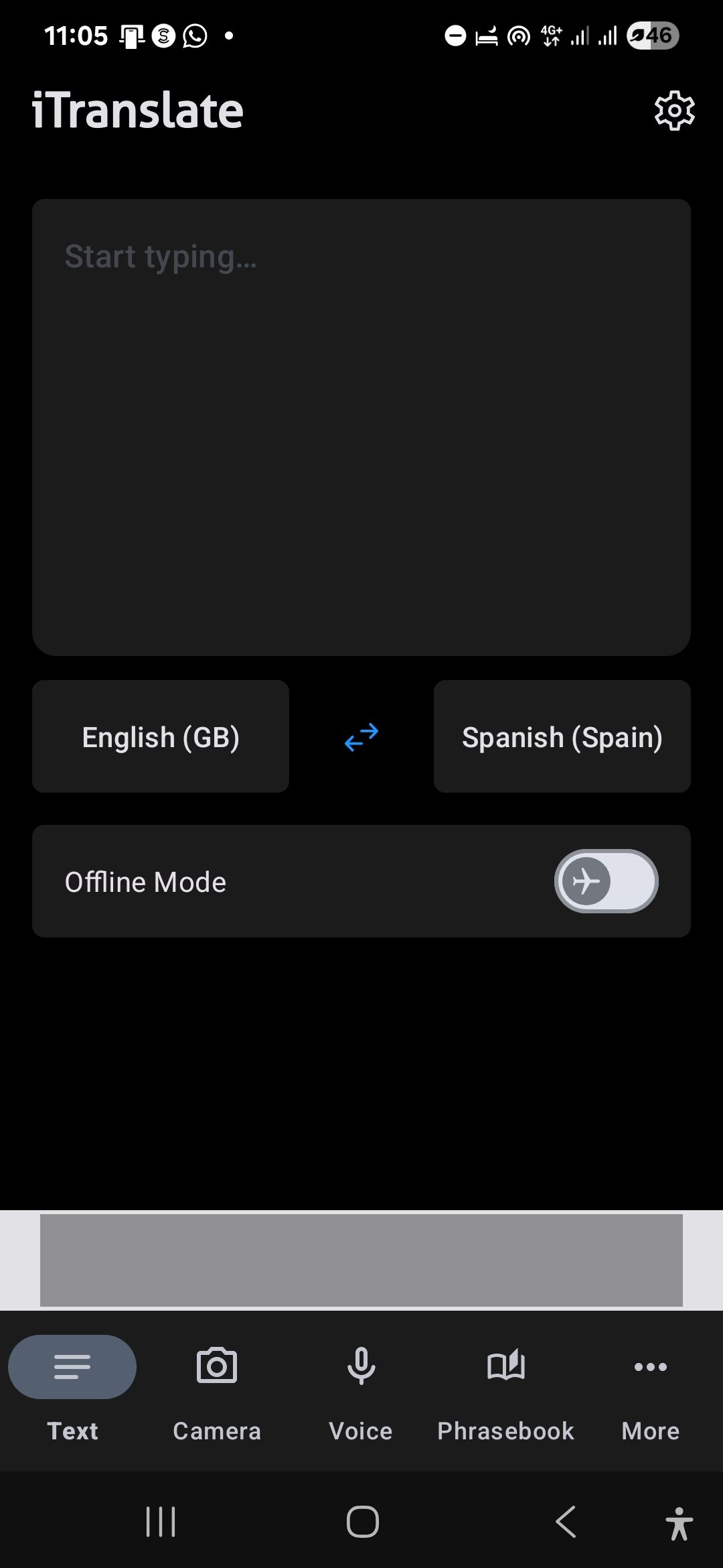 صفحه اصلی itranslate با گزینه Offline Mode نمایش داده شده است