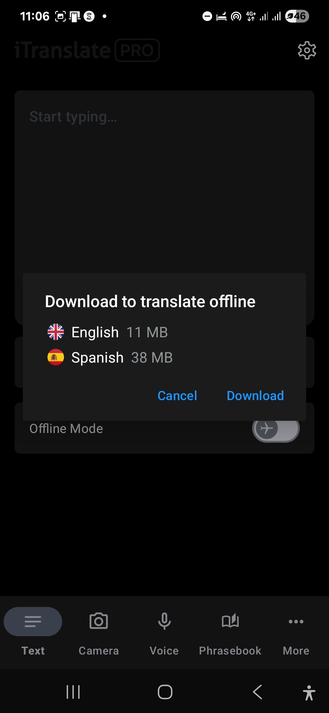 گزینه بارگیری بسته های زبان در ItRanslate Pro برای حالت آفلاین