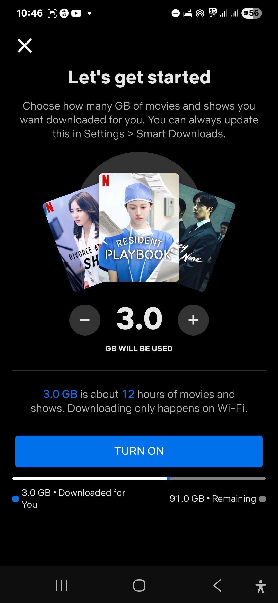 صفحه تنظیمات برای بارگیری های هوشمند در Netflix در Android