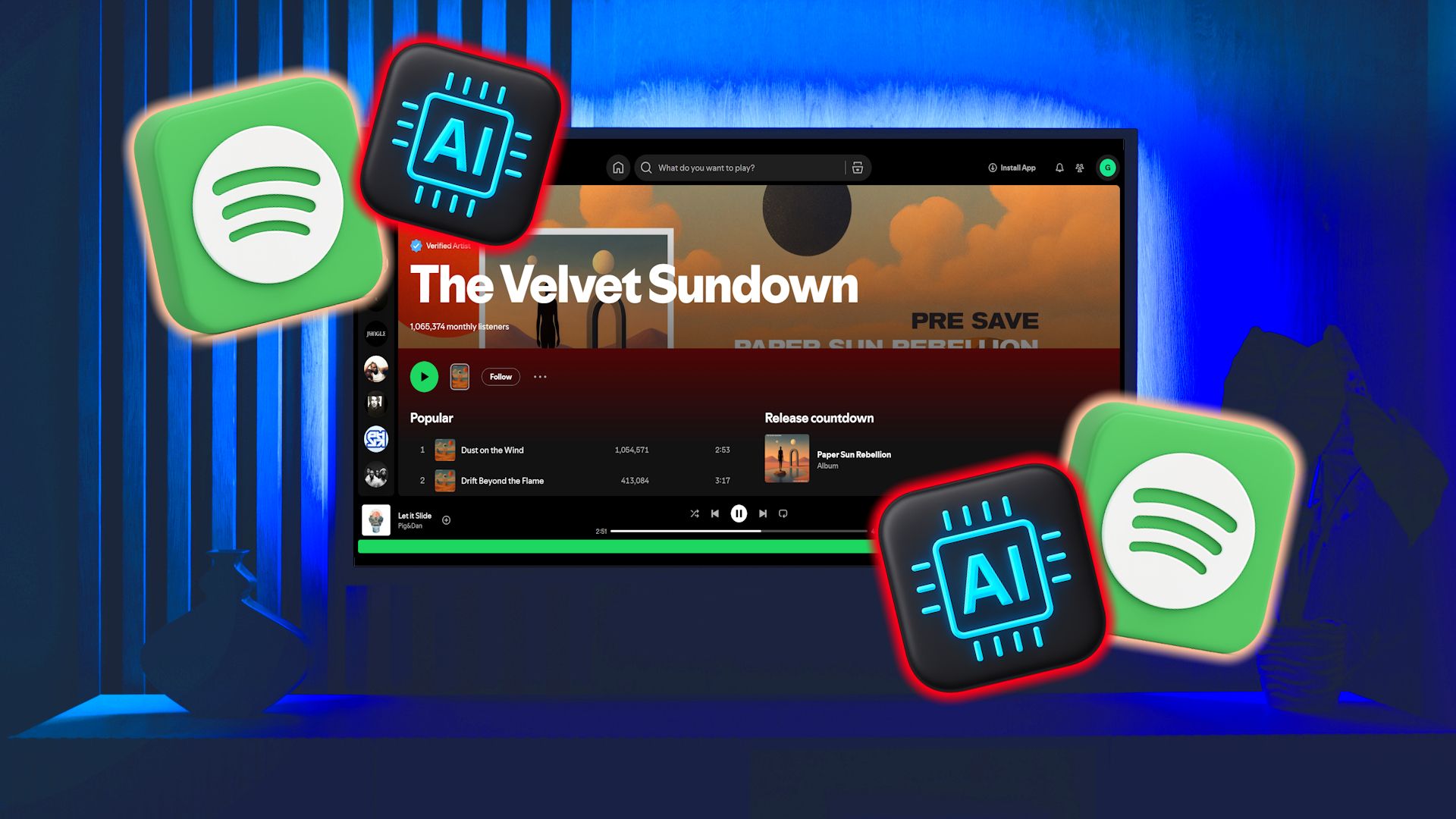 صفحه Velvet Sundown Spotify Artify با جعبه های آرم AI Spotify.