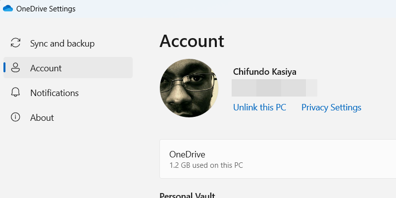 تنظیمات حساب OneDrive Windows.