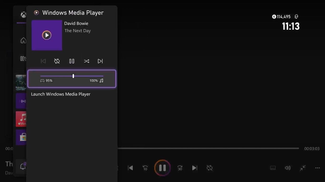 تصویری از Windows Media Player در حال پخش سی دی از طریق منوی راهنمای سری Xbox X