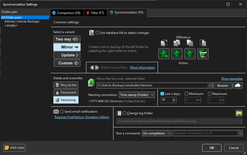 گفتگوی تنظیمات همگام سازی Freefilesync