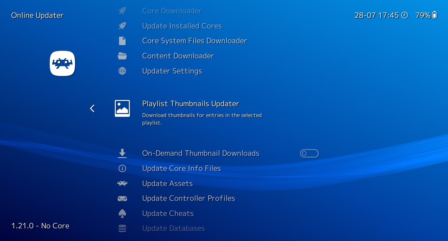 منوی Updater retroarch آنلاین با گزینه بارگیری تصاویر کوچک برای بازی ها