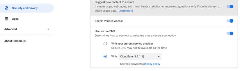 تغییر DNS در منوی امنیتی و حریم خصوصی در تنظیمات Chromebook