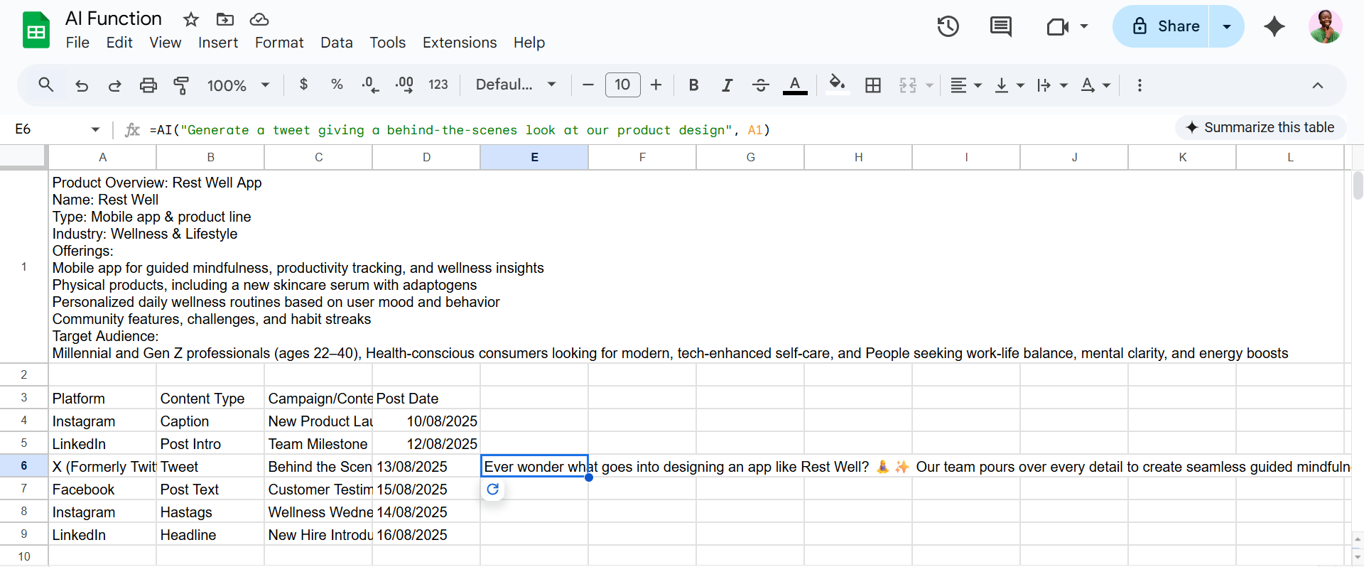 تصویری که با استفاده از عملکرد AI در Google Sheets یک نسل توییت را نشان می دهد