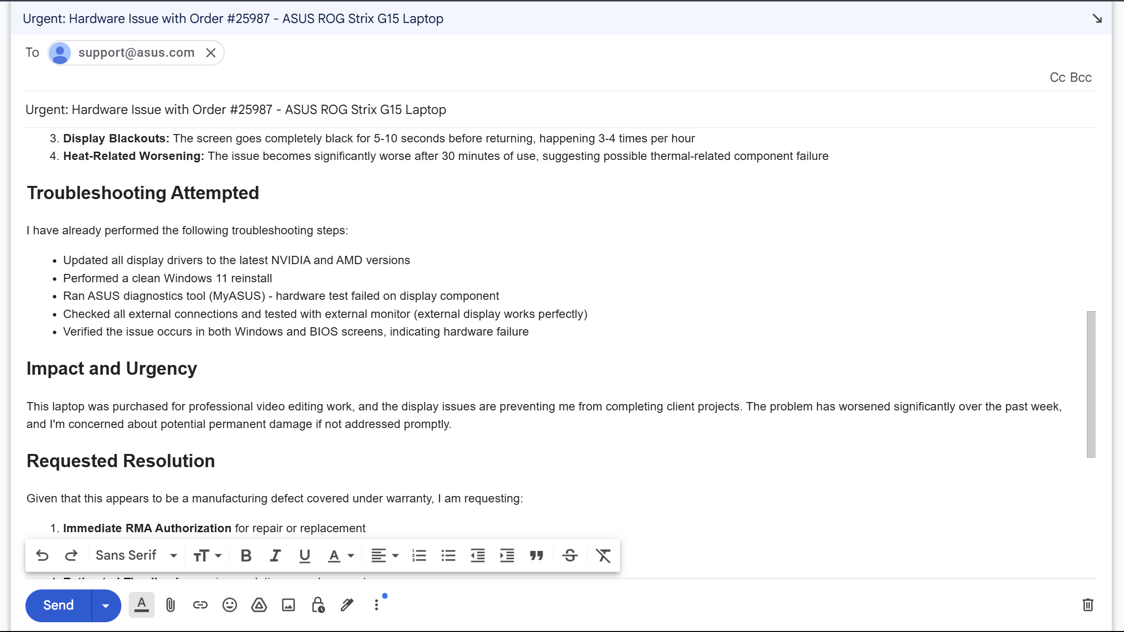 پیش نویس ایمیل برای پشتیبانی از ASUS از مسئله سخت افزار لپ تاپ.