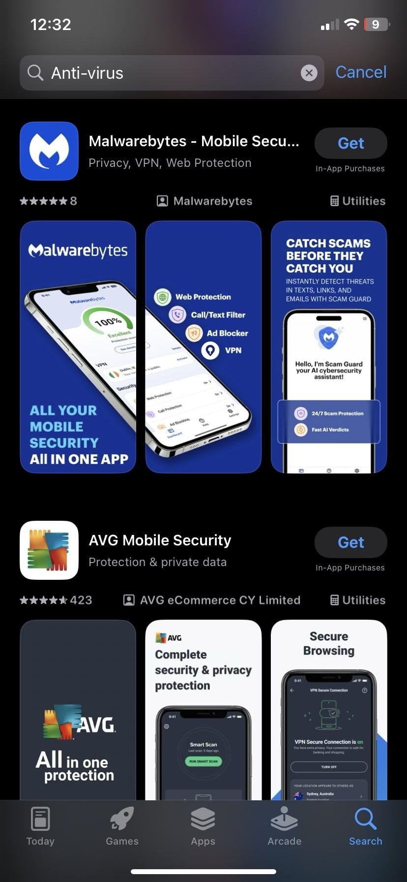نتایج برنامه های آنتی ویروس در AppStore