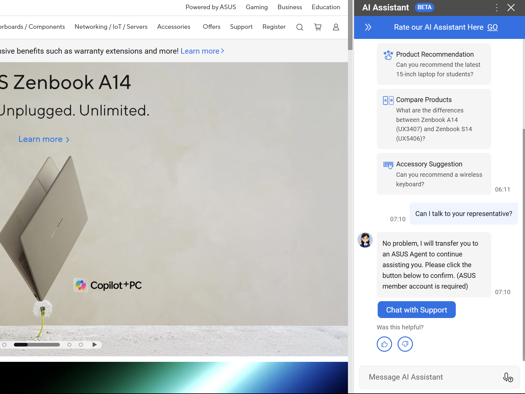 وب سایت ASUS با ASUS ZenBook A14 با پشتیبانی چت AI در نوار کناری.