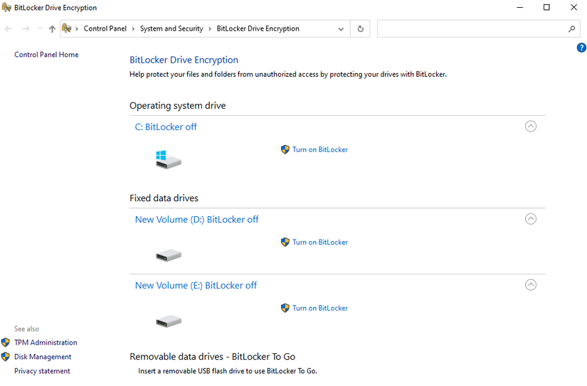 صفحه کنترل Bitlocker