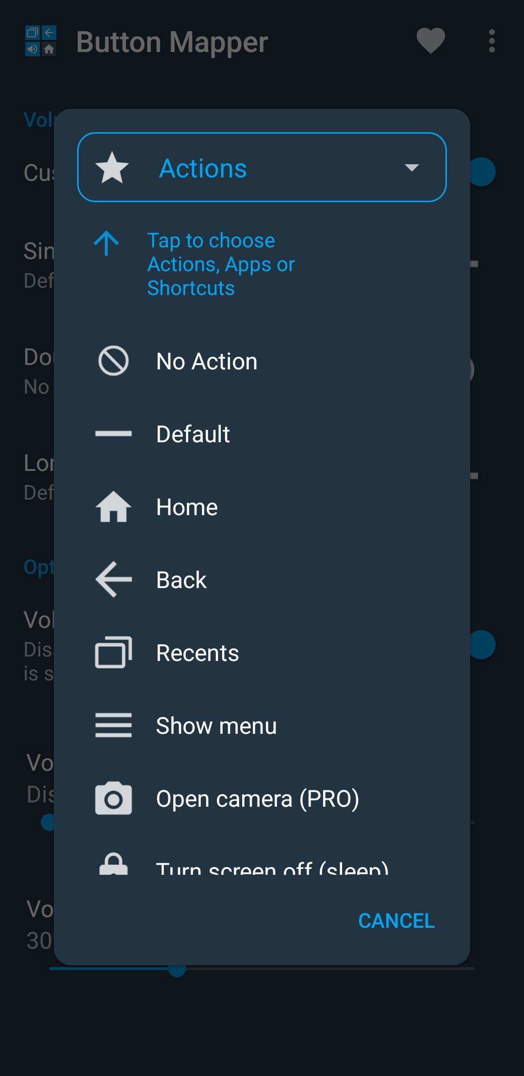 منوی میانبرهای Mapper Button در تلفن Android