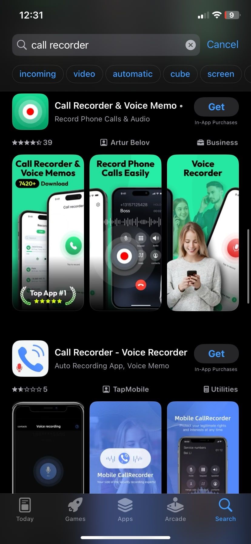 نتایج برنامه های ضبط تماس در AppStore