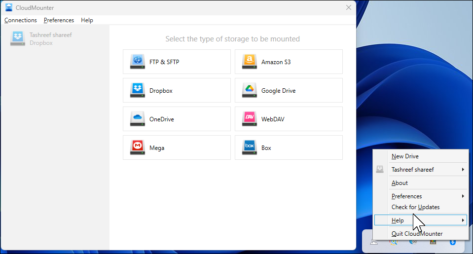 گفتگوی صفحه اصلی CloudMounter در دسک تاپ ویندوز 11