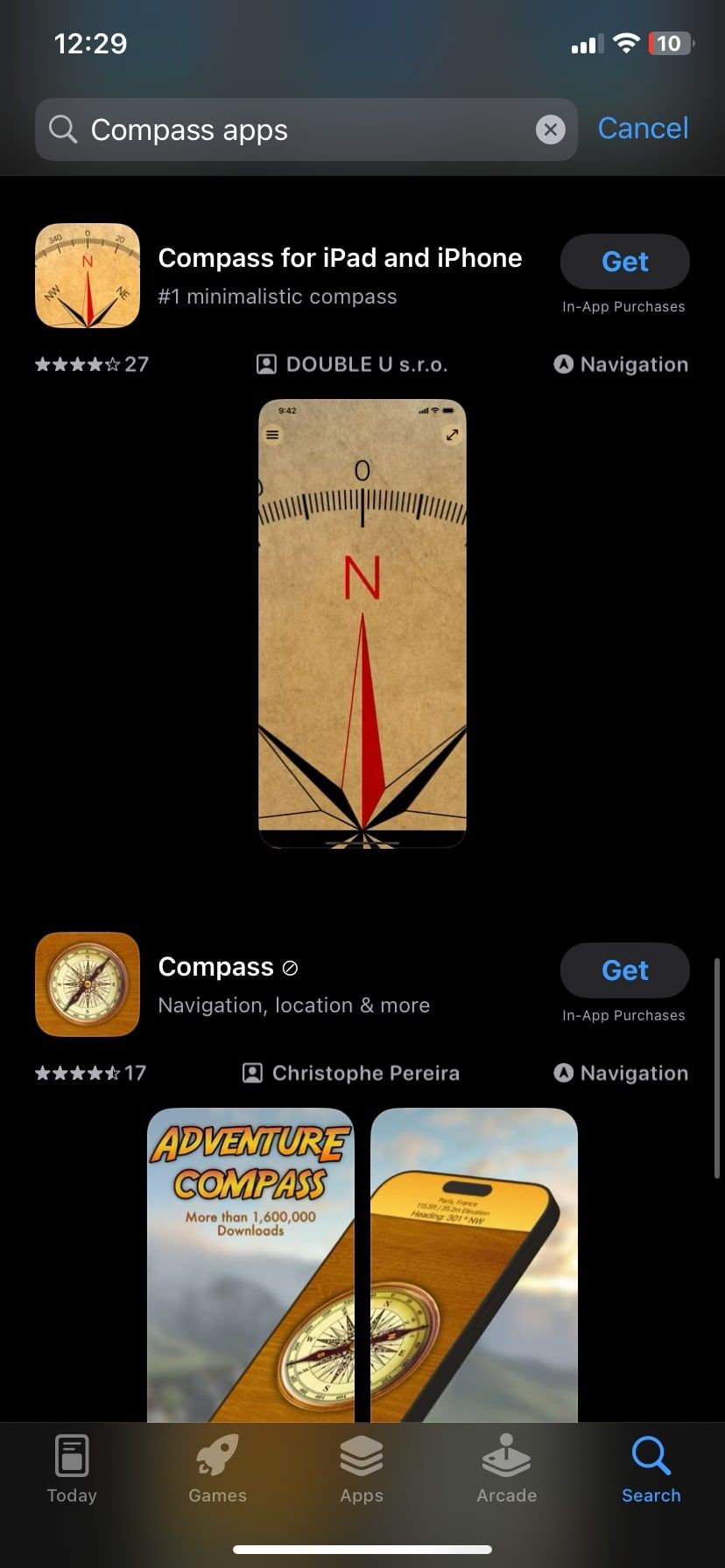 نتایج برنامه های قطب نما در AppStore