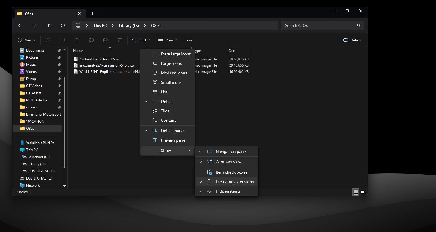 گزینه پسوند نام پرونده در File Explorer