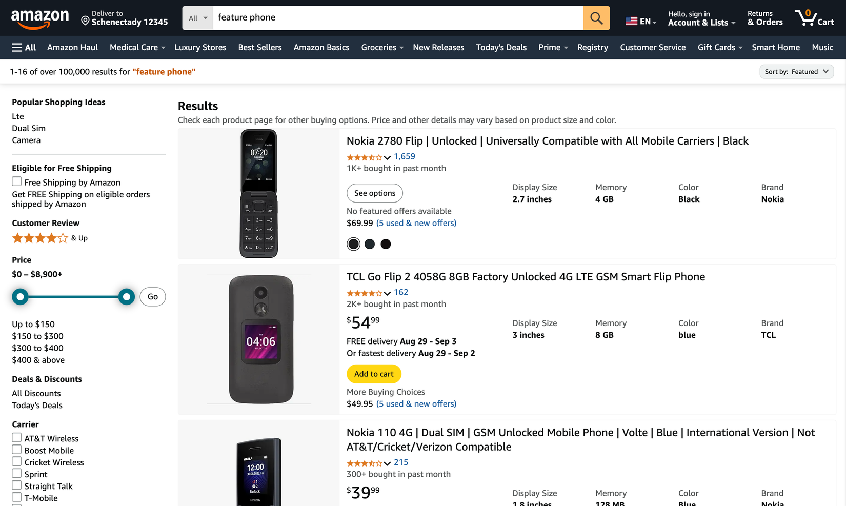 نتایج جستجوی تلفن های ویژگی در Amazon.com