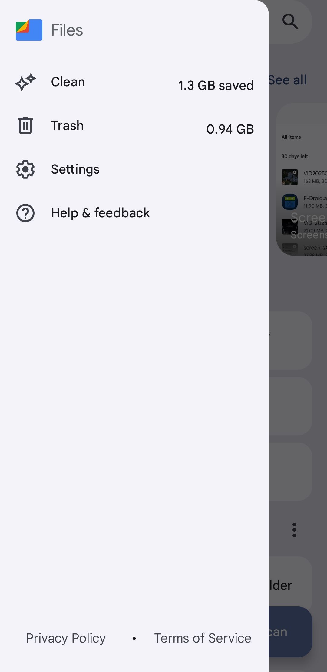 پرونده ها توسط منوی برنامه Google در Android
