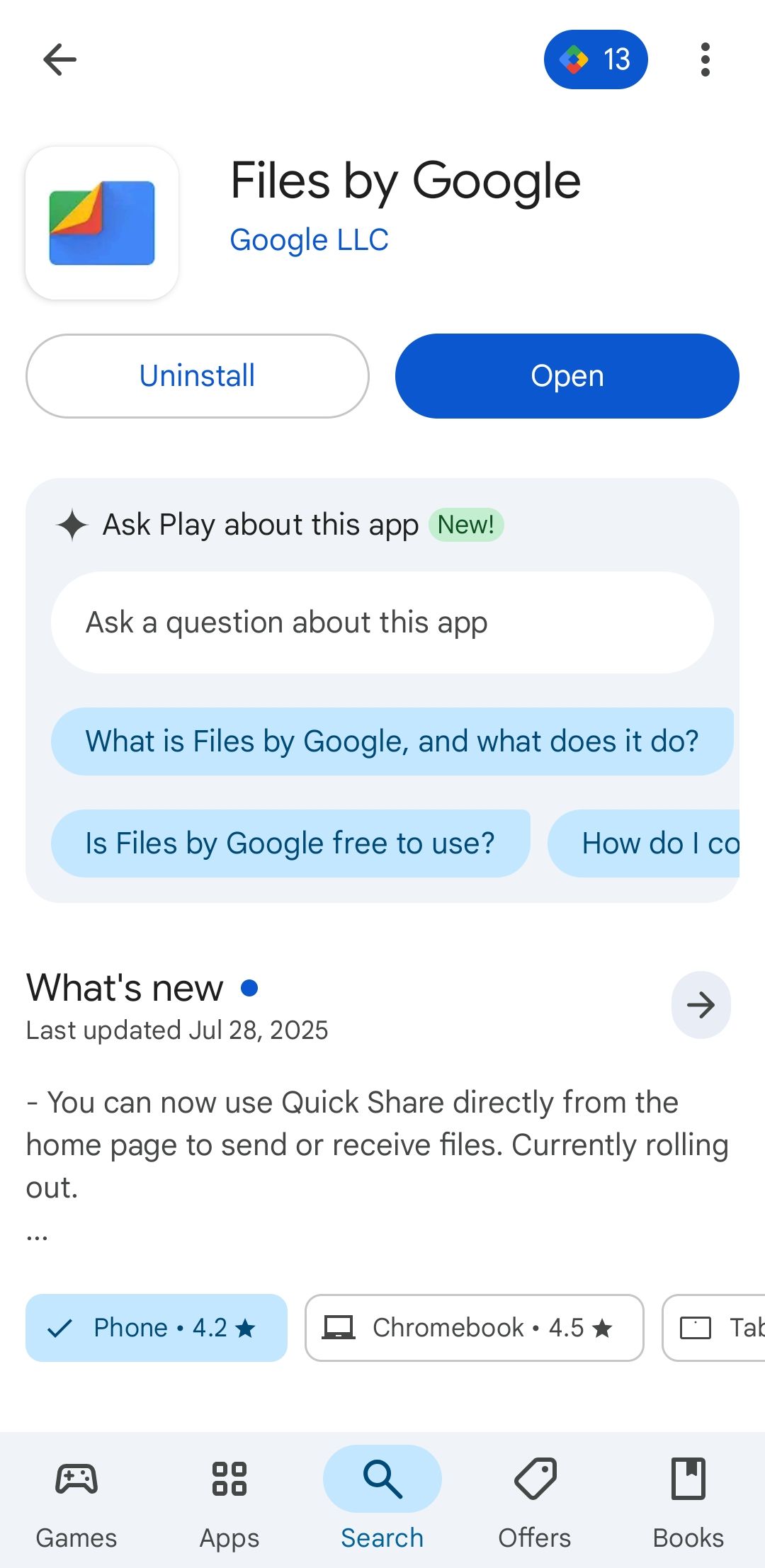 پرونده ها توسط برنامه Google در فروشگاه بازی