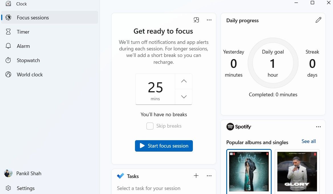 برگه Sessions Focus در برنامه Windows 11 Clock