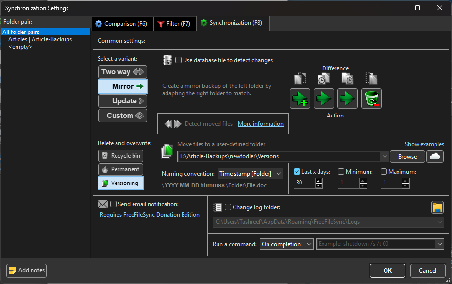 گفتگوی تنظیمات همگام سازی Freefilesync