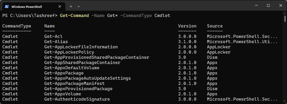 دستور فرمان را در PowerShell دریافت کنید