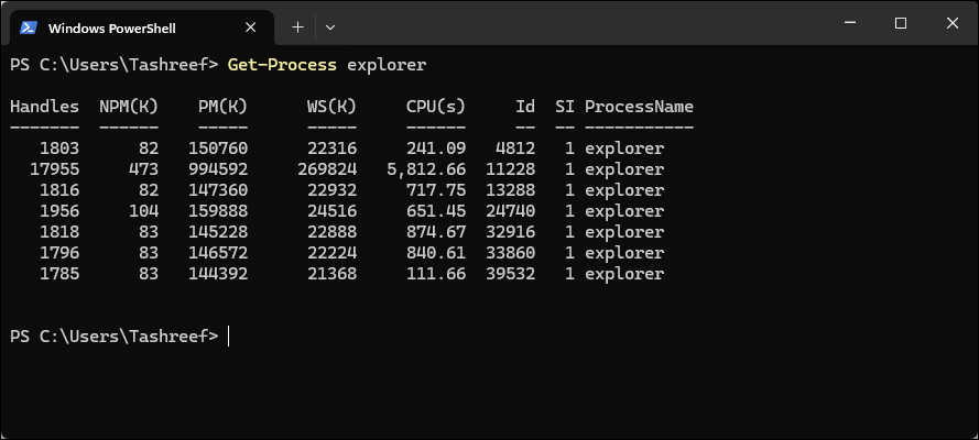 فرماندهی PowerShell Explorer Process