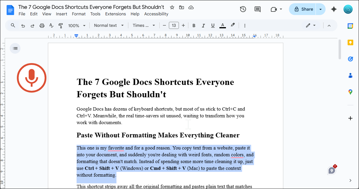 Google Docs تایپ صدا فعال است