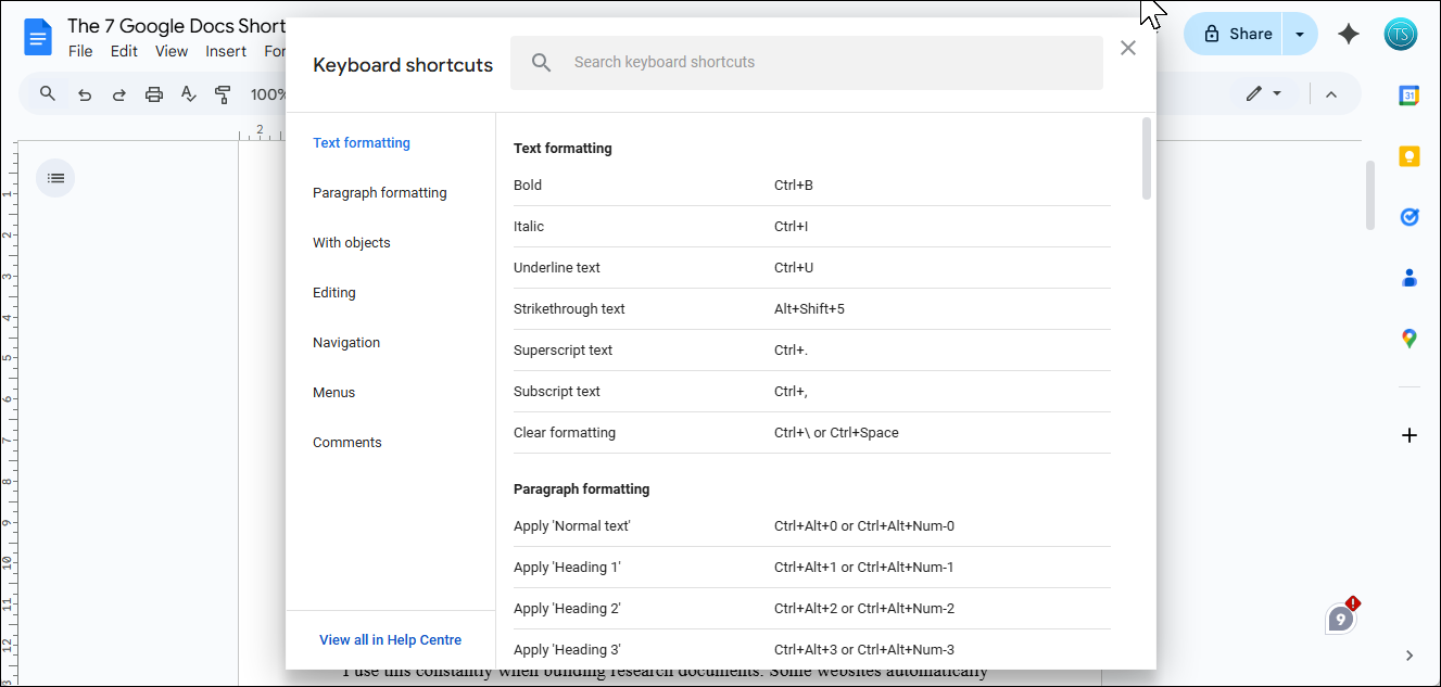Google Docs تمام میانبر