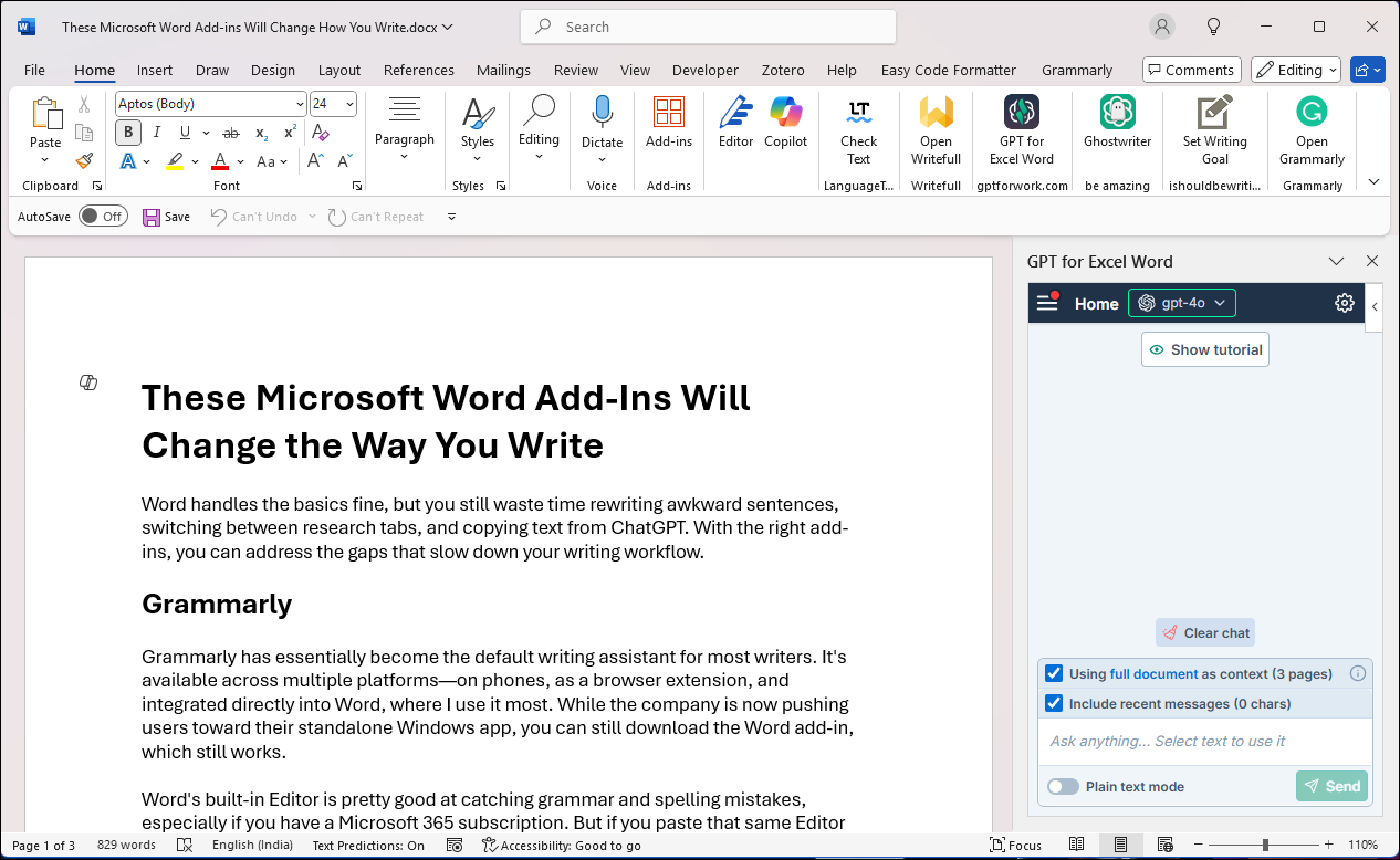 رابط افزودنی GPTforWork در Microsoft Word