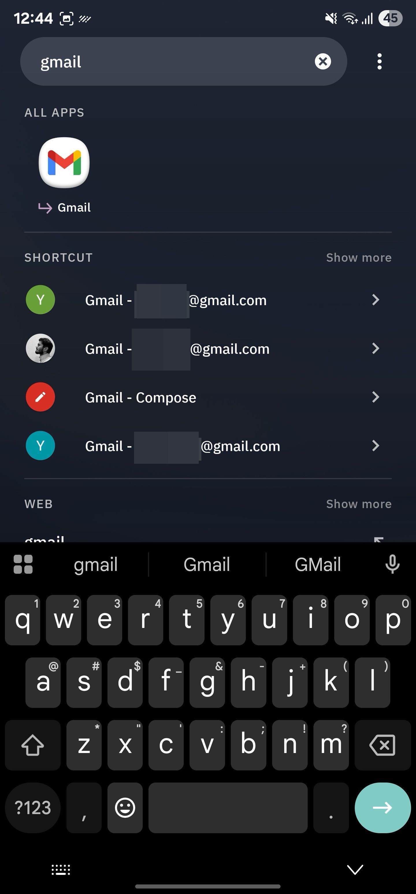 میانبرهای حساب Gmail در جستجوی هوشمند.