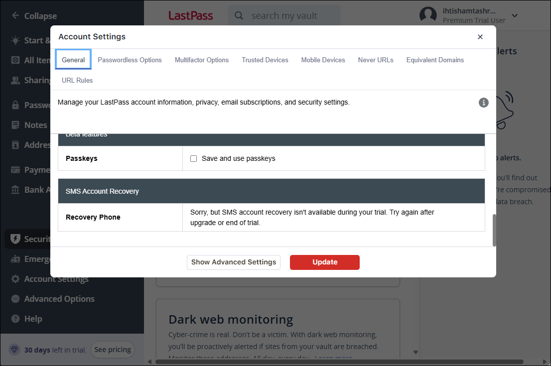 گزینه های بازیابی LastPass در رابط وب