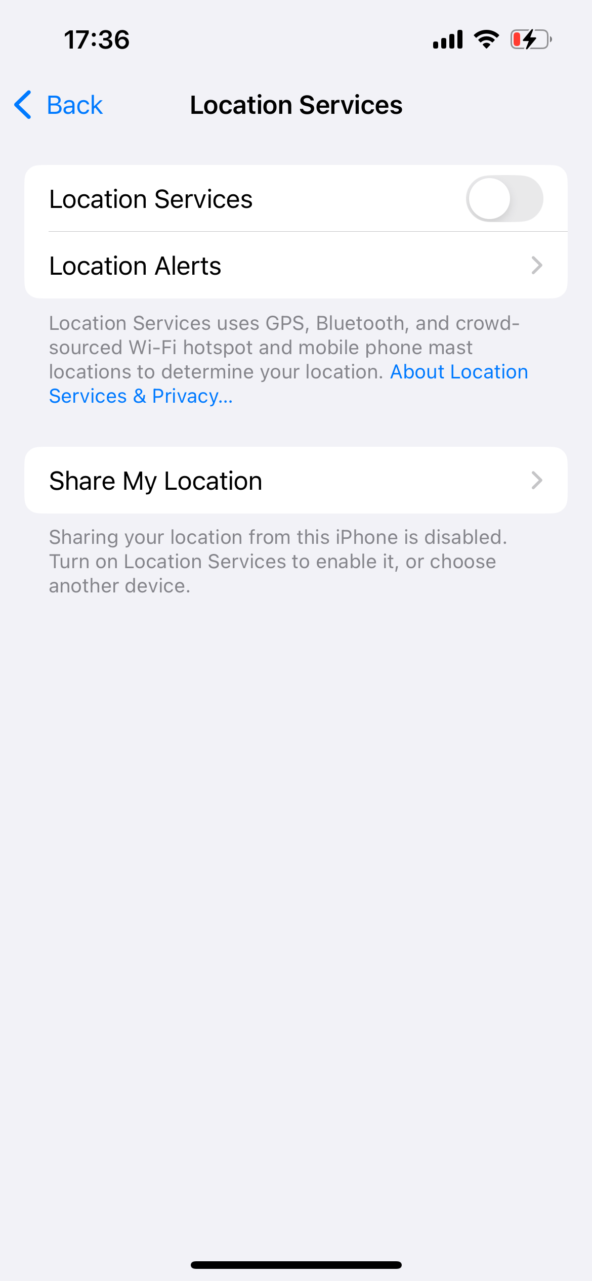 خدمات موقعیت مکانی در تنظیمات iOS خاموش است