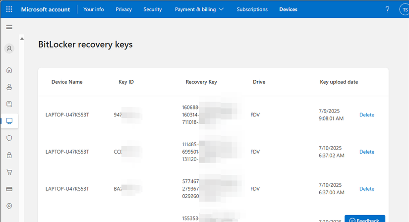 کلیدهای بازیابی Bitlocker حساب مایکروسافت