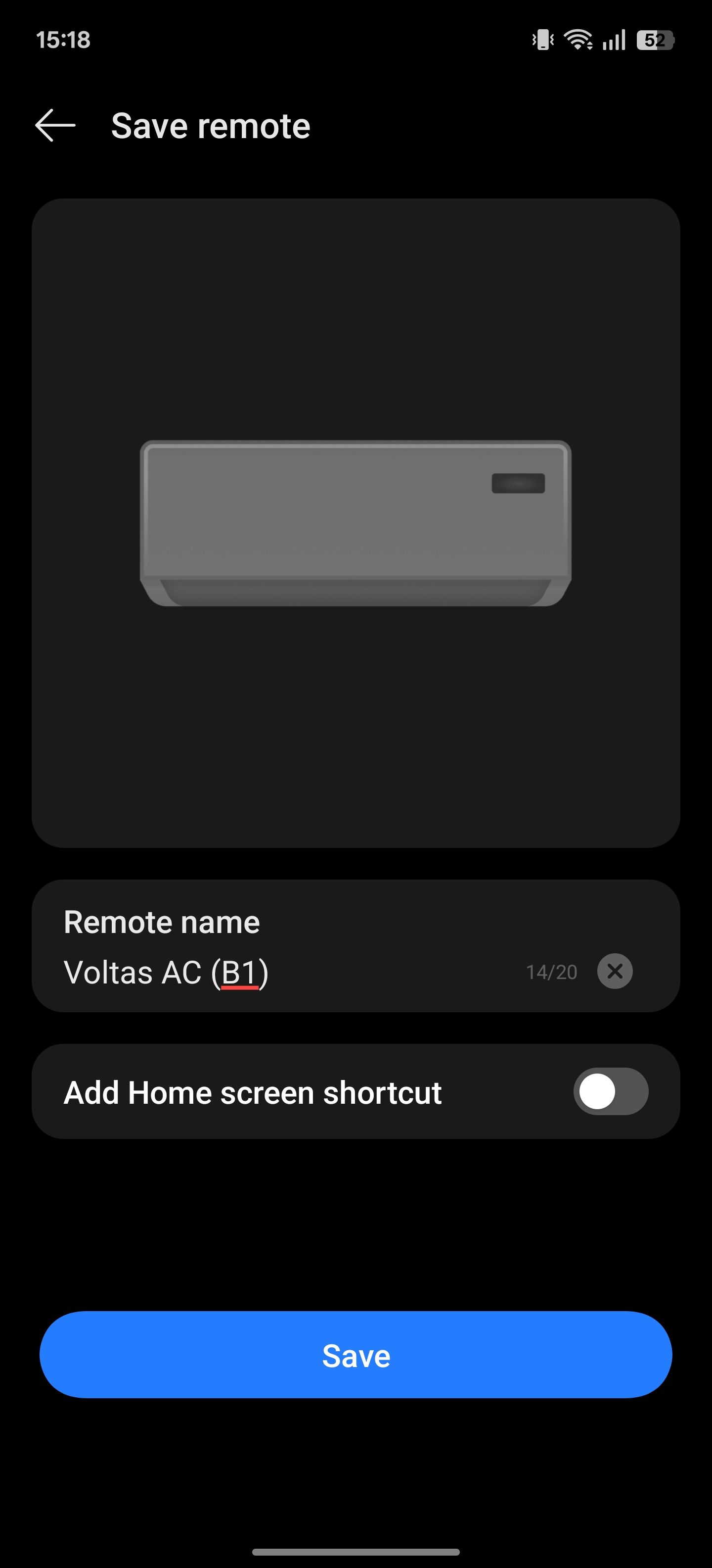 تایپ کردن یک نام برای کنترلر در صفحه Save Remote در برنامه از راه دور IR.