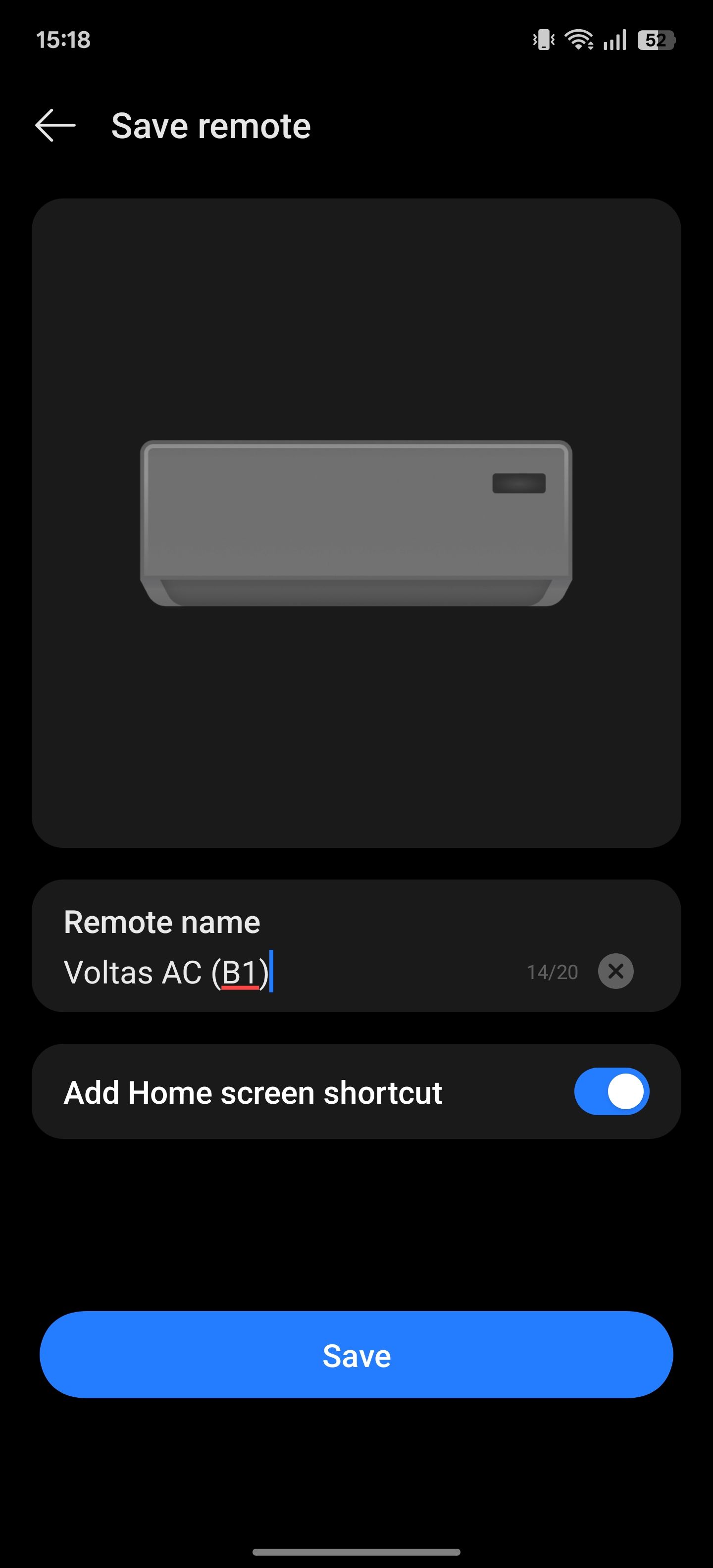 فعال کردن گزینه میانبر Add Home Screen در صفحه Save Remote در برنامه Remote IR.
