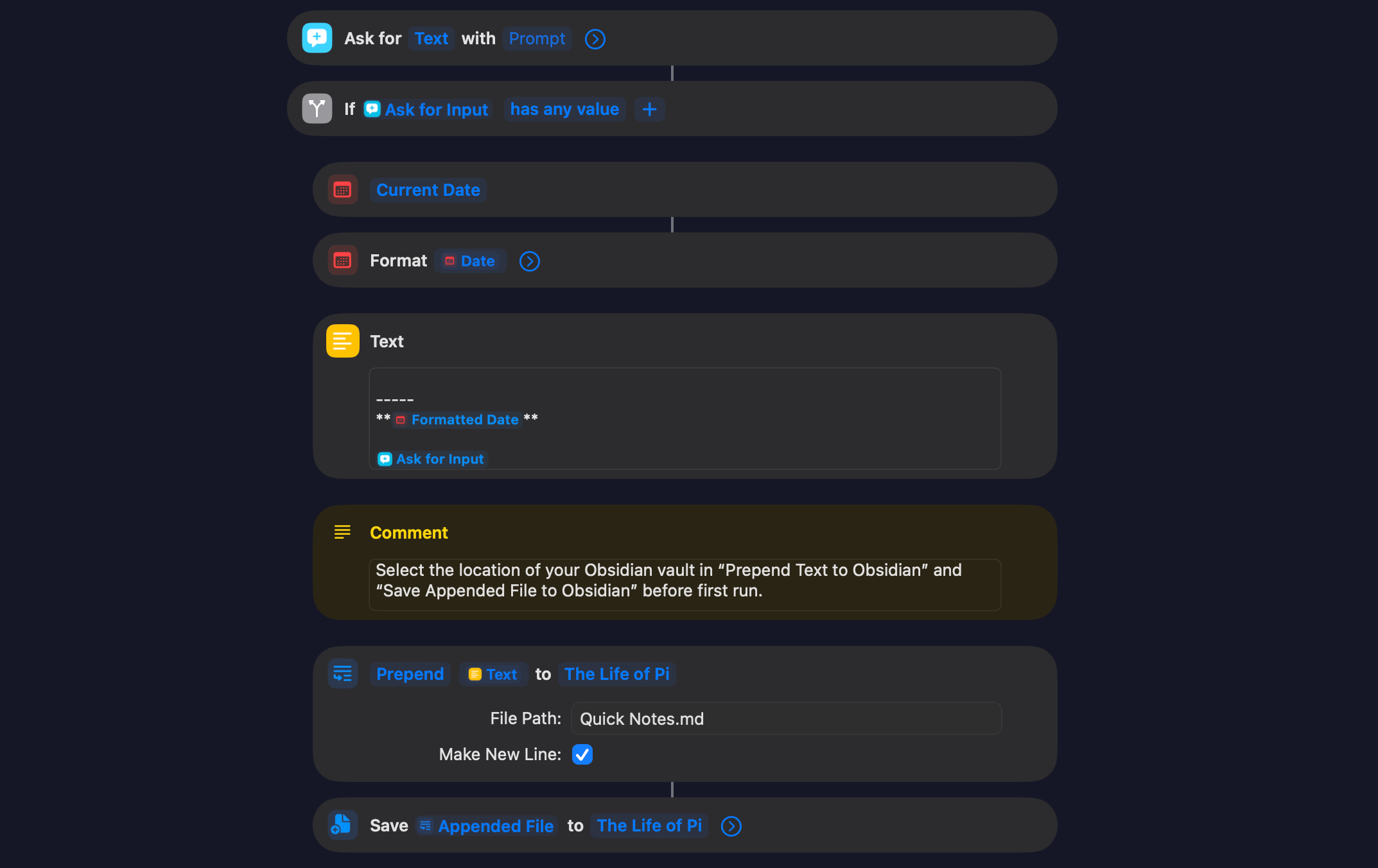 میانبر یادداشت سریع Obsidian در برنامه میانبر