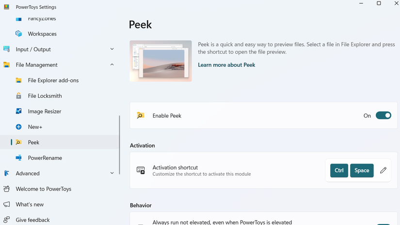 تنظیمات ویژگی Powertoys Peek